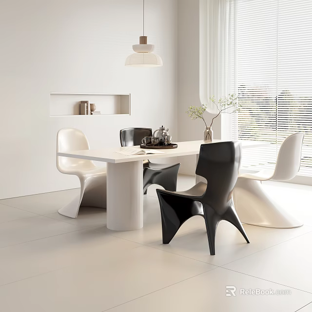 Modern Dining Table Set With White Black Chairs And Pendant Light In Bright Room 3d model 