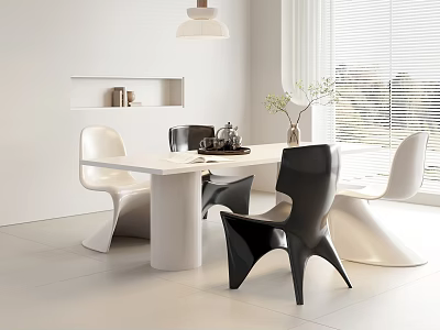 Modern Dining Table Set With White Black Chairs And Pendant Light In Bright Room 3d model
