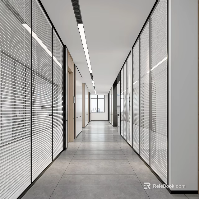 Modern Office Corridor With Glass Partitions Blinds Ceiling Light Strips And Gray Flooring 3d model 
