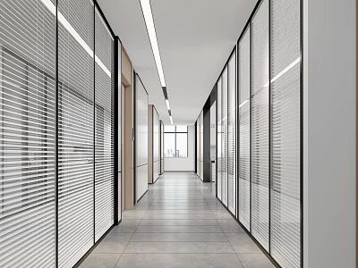 Modern Office Corridor With Glass Partitions Blinds Ceiling Light Strips And Gray Flooring 3d model