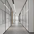 Modern Office Corridor With Glass Partitions Blinds Ceiling Light Strips And Gray Flooring