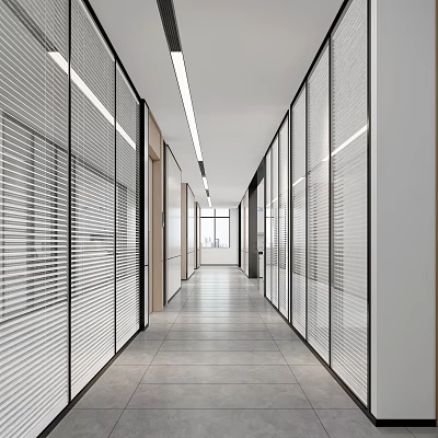 Modern Office Corridor With Glass Partitions Blinds Ceiling Light Strips And Gray Flooring 3d model