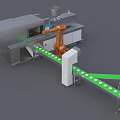 Automated Industrial Equipment Production Line With Robotic Arm And Green Conveyor Belt