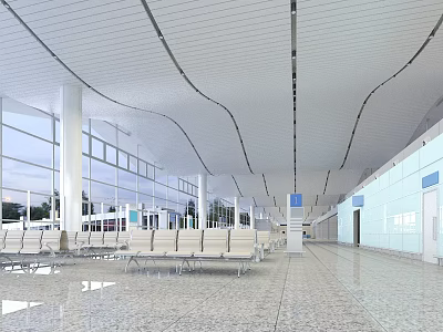 Modern Bright Airport Hall Featuring White Seats Large Glass Windows Smooth Floor Wavy White Ceiling 3d model