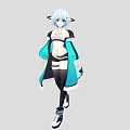 Anime Woman with Blue White Hair Cat Ears Wearing White Cropped Top Black Teal Coat