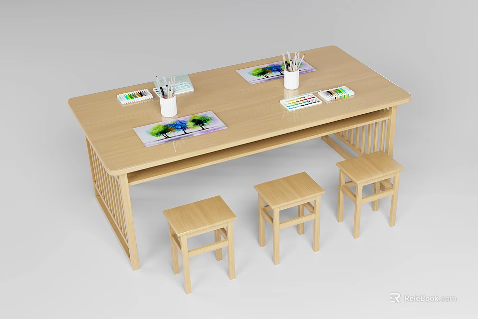 Wooden Kids Study Table With Four Stools Colorful Crayons Pencils And Drawing Papers 3d model 