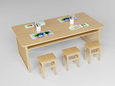 Wooden Kids Study Table With Four Stools Colorful Crayons Pencils And Drawing Papers 3d model