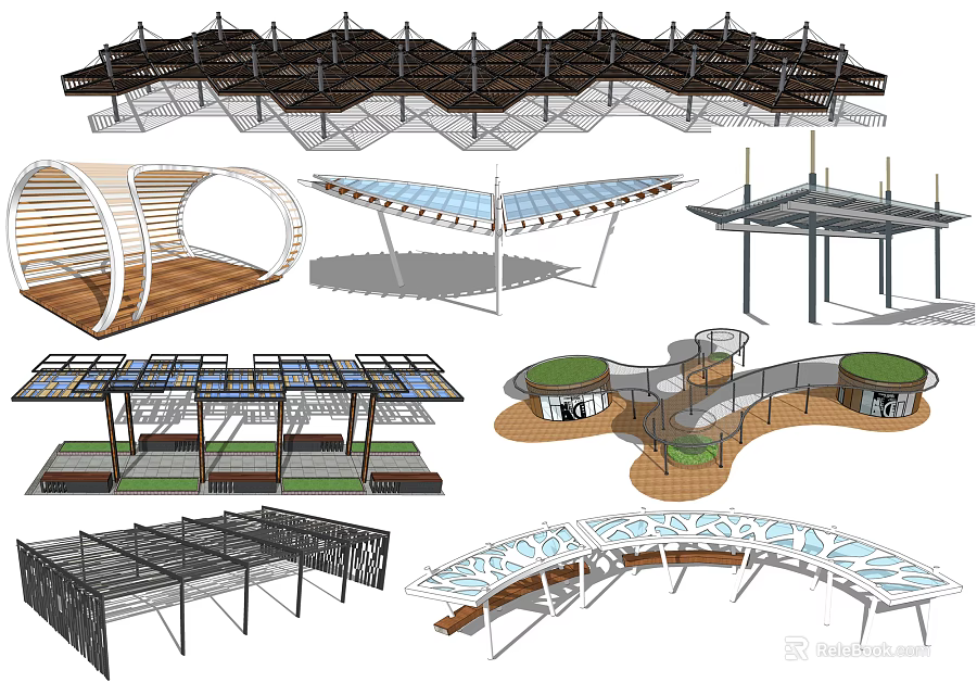 Various Modern Pergola Designs With Curved Structures And Metal Frame Elements 3d model