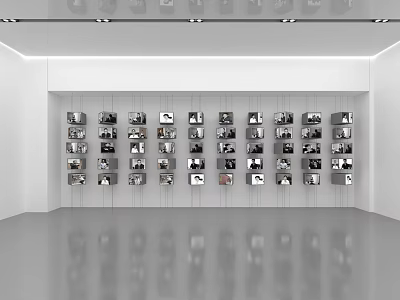 White Exhibition Hall With Neatly Arranged Square Exhibits On Wall Ceiling Lighting And Reflective Floor 3d model