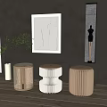 Stylish Modern Interior With Three Unique Wooden Stools Perforated Wavy And Ribbed Designs