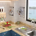 Organized Kitchen Utensils on Wall Rack with Marble Countertop and Fresh Vegetables