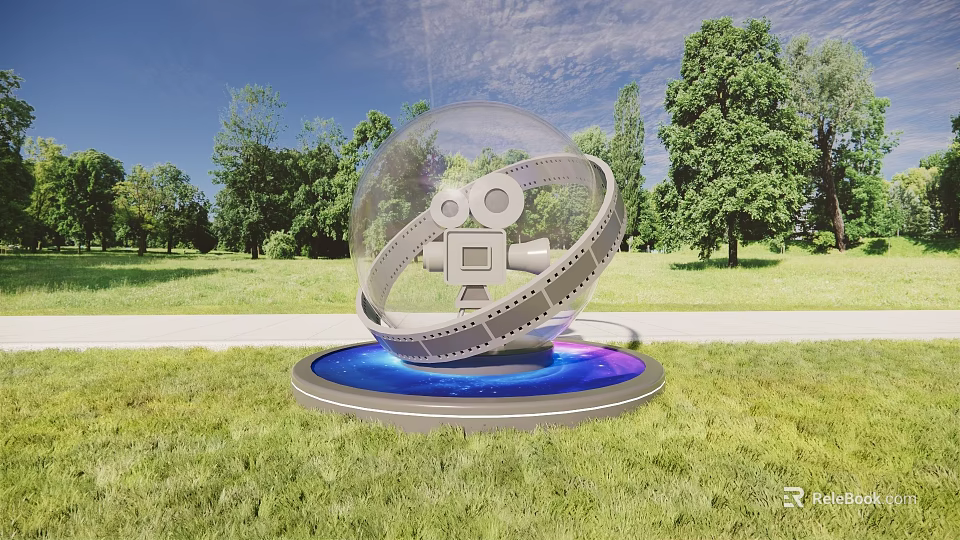Art Installation With Transparent Sphere Ring Film Camera And Blue Illuminated Base On Green Grass 3d model 