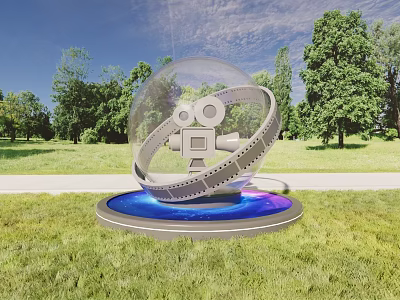 Art Installation With Transparent Sphere Ring Film Camera And Blue Illuminated Base On Green Grass 3d model