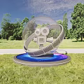 Art Installation With Transparent Sphere Ring Film Camera And Blue Illuminated Base On Green Grass