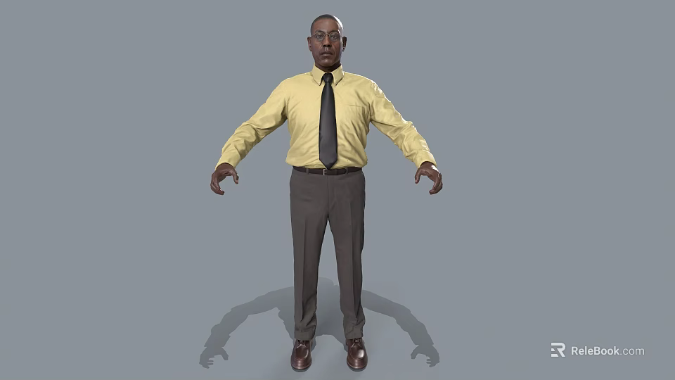 Man In Yellow Shirt Black Tie Gray Pants Brown Shoes With Arms Outstretched On Gray Background 3d model 