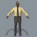 Man In Yellow Shirt Black Tie Gray Pants Brown Shoes With Arms Outstretched On Gray Background