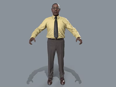 Man In Yellow Shirt Black Tie Gray Pants Brown Shoes With Arms Outstretched On Gray Background 3d model