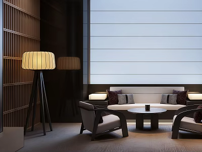 Modern Sales Office Interior Design Featuring Wooden Grilles Floor Lamps Sofa And Coffee Table 3d model