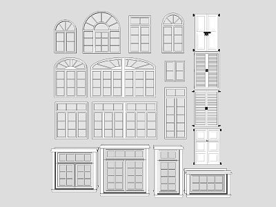 Various Window Design Sketches Featuring Arch Panel And Shutter Styles 3d model