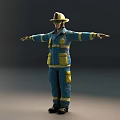 Man in Firefighter Uniform Standing with Arms Outstretched Against Dark Background