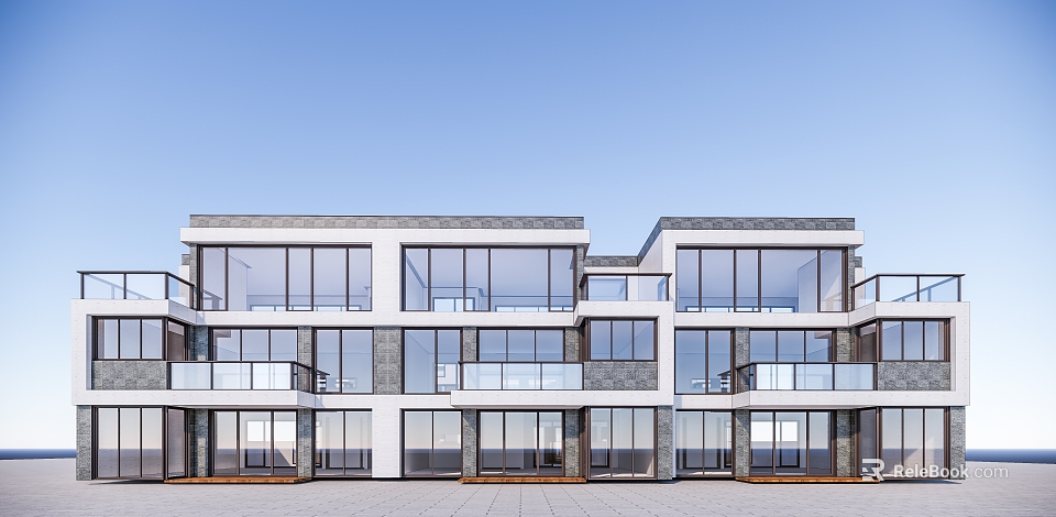 Modern Townhouse Exterior Design Featuring Large Glass Windows Balconies And Sleek Lines 3d model 