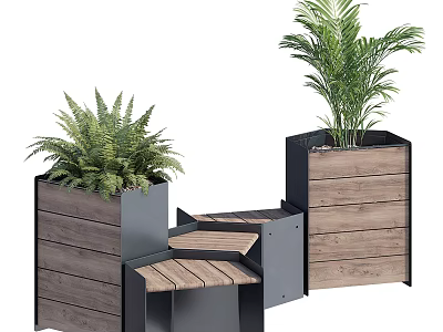 Outdoor Chair With Wooden Slats Metal Frame And Planter Boxes For Garden Patio 3d model