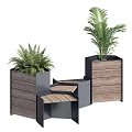 Outdoor Chair With Wooden Slats Metal Frame And Planter Boxes For Garden Patio