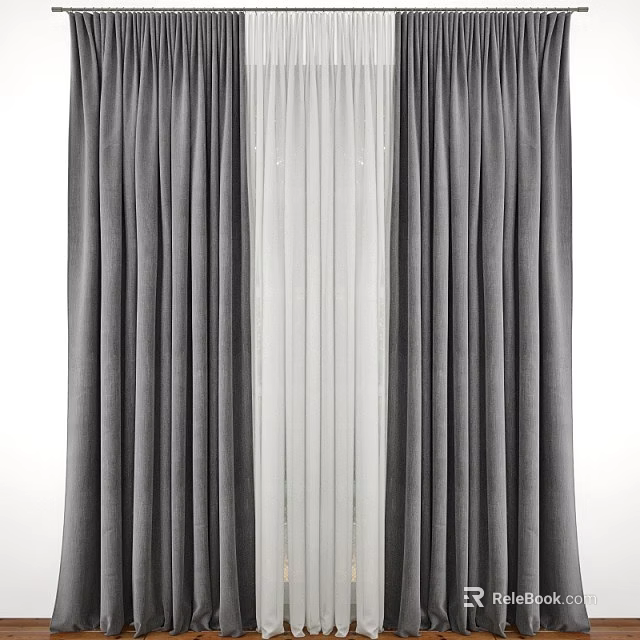 Gray And White Layered Curtains With Sheer Panels For Home Window Decor 3d model 