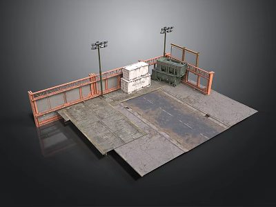 Industrial Loading Platform Structure with Orange Fence Lamp Posts Cargo Boxes and Green Vehicle 3d model
