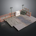 Industrial Loading Platform Structure with Orange Fence Lamp Posts Cargo Boxes and Green Vehicle