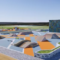 Modern Geometric Plaza Landscape With Orange Play Structures Paved Areas And Green Lawns