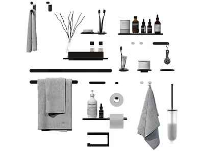 Stylish Bathroom Accessories With Towels Racks Bottles Soap Dispensers Toilet Brush 3d model