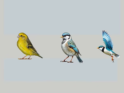 Colorful Flying Birds with Yellow and Blue White Plumage in Different Postures Standing and Flying 3d model