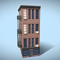 Cartoon Multi Story Apartment Building Featuring Pink Exterior Black Fire Escape Windows And Shop Design