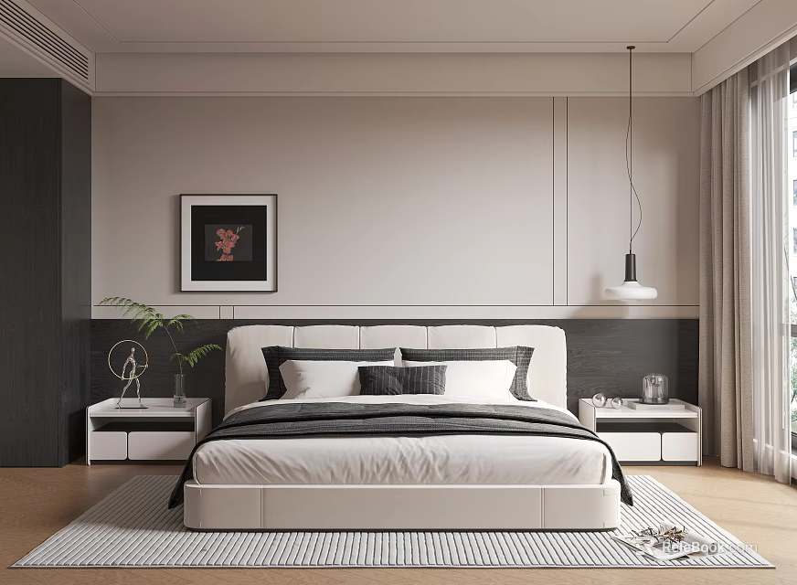 Modern Single Bed Interior With White Headboard Pillows Nightstands And Area Rug 3d model 