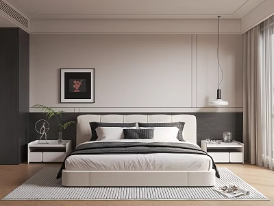 Modern Single Bed Interior With White Headboard Pillows Nightstands And Area Rug 3d model