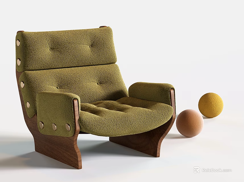 Green Velvet Lounge Chair With Wooden Legs Button Tufted Arms And Decorative Balls 3d model 