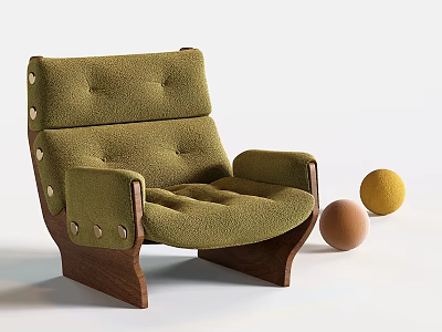 Green Velvet Lounge Chair With Wooden Legs Button Tufted Arms And Decorative Balls 3d model