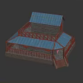 Two Story Wooden Pavilion With Blue Roof Red Railings And Staircase