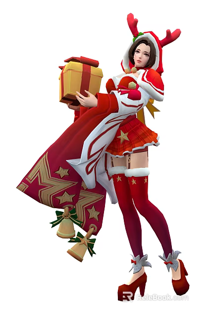 Game Movie Character Clown In Red White Outfit Holding Gift With Star Cloak And Stockings 3d model 