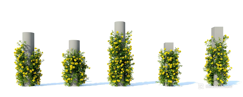 Lush Decorative Vines Climbing Gray Pillars with Yellow Flowers 3d model 