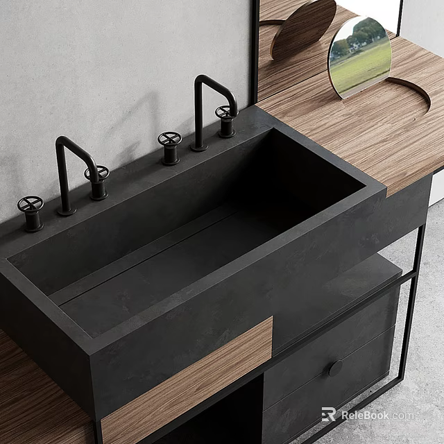 Modern Black Concrete Kitchen Sink With Two Black Faucets On Wooden Countertop 3d model 
