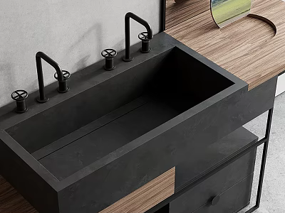 Modern Black Concrete Kitchen Sink With Two Black Faucets On Wooden Countertop 3d model