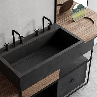 Modern Black Concrete Kitchen Sink With Two Black Faucets On Wooden Countertop 3d model
