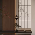 Japanese Style Entryway Hallway With Bamboo Patterned Lattice Window Hanging Lantern And Small Bonsai Plant