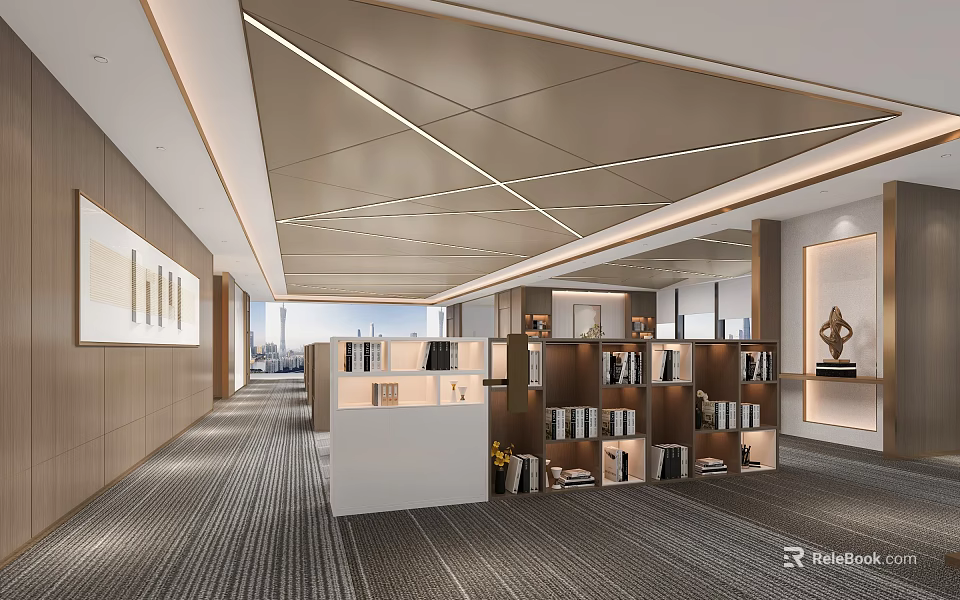 Modern Public Office Space Interior With Wooden Shelves Front Desk And Ceiling Lines 3d model 