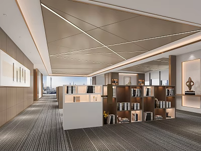 Modern Public Office Space Interior With Wooden Shelves Front Desk And Ceiling Lines 3d model