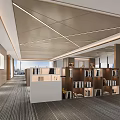 Modern Public Office Space Interior With Wooden Shelves Front Desk And Ceiling Lines
