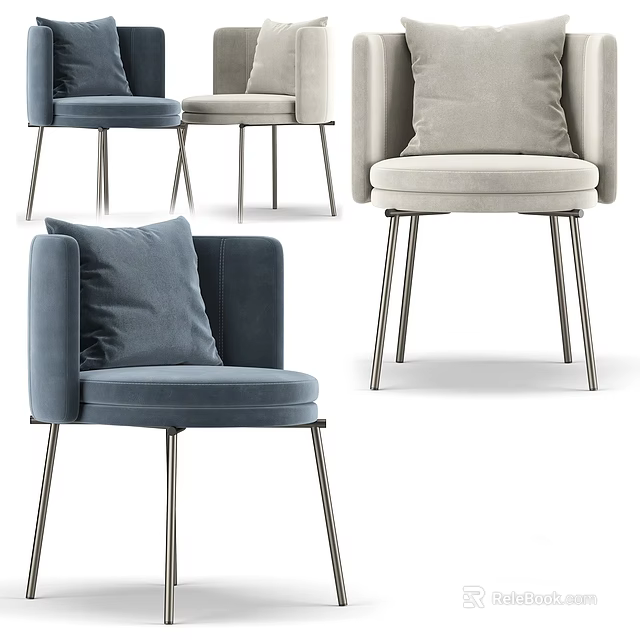 Modern Blue Beige Velvet Single Chairs With Metal Legs and Accent Pillows 3d model 