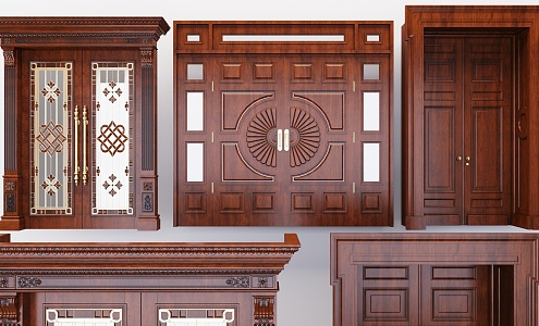 European-style double door classic wooden door 3d model